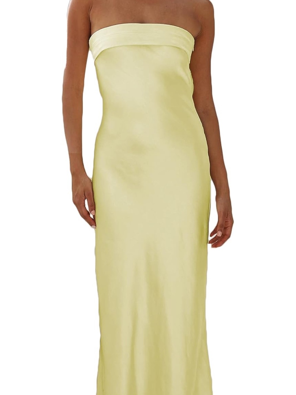 Amazon Strapless Satin Slip Dress in Pale Yellow
